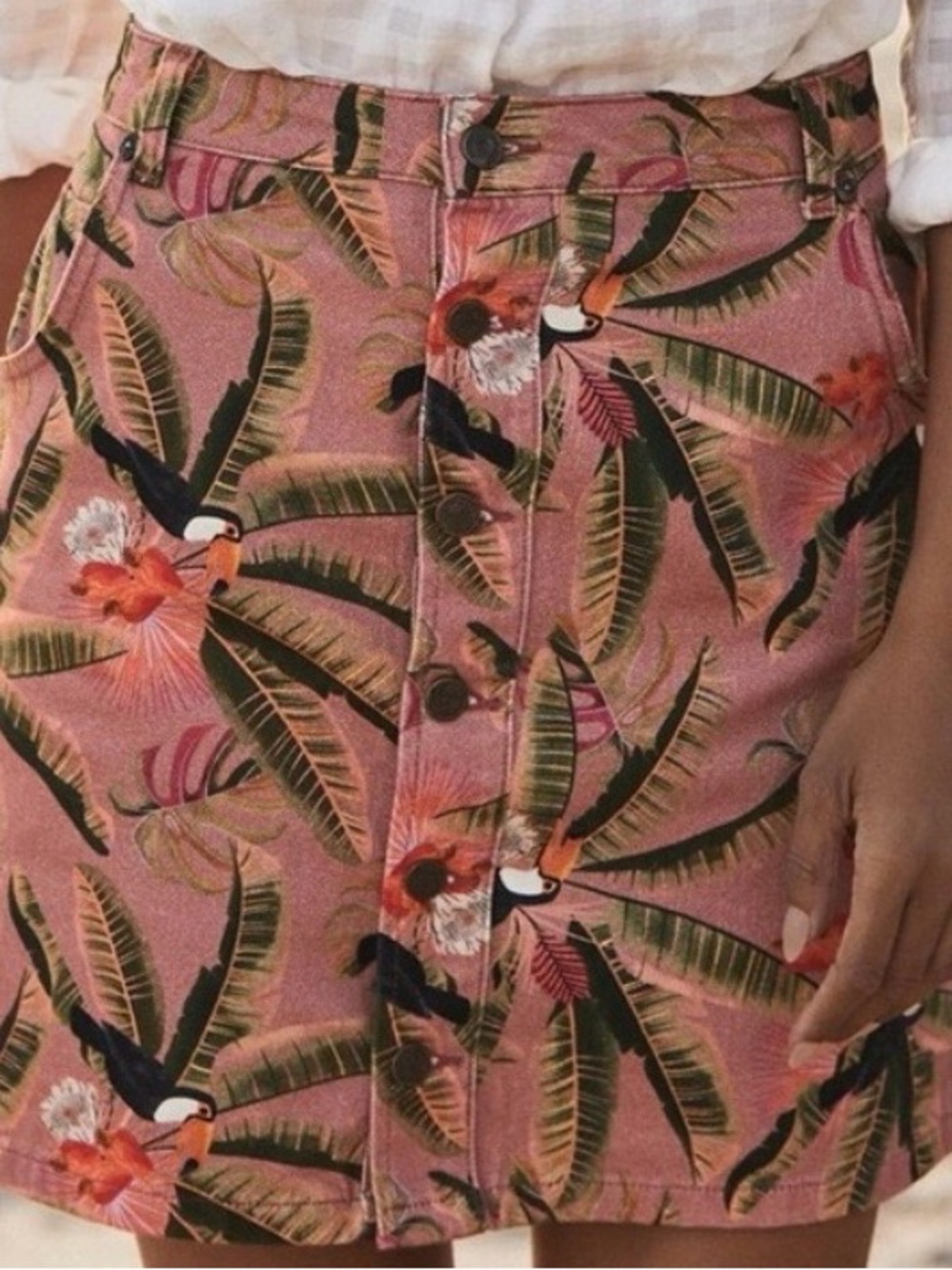 FARM Rio Pink Tropical Toucan Button-Front Mini Skirt